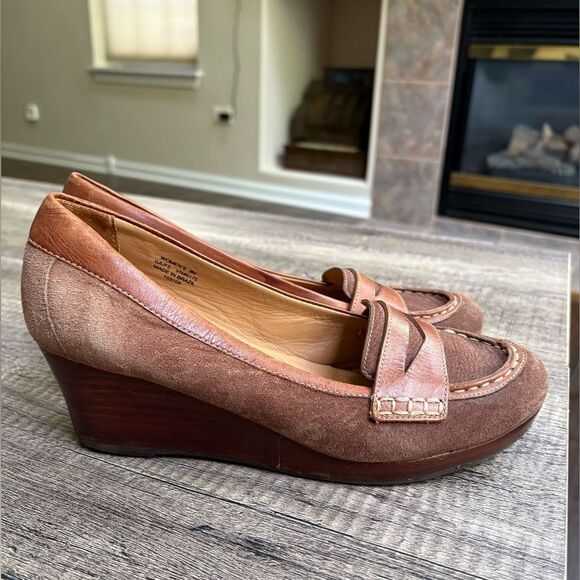 LL BEAN brown suede leather penny loafers w/ wedge heels | size 9 - Picture 1 of 9